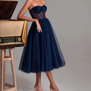 NEW Navy Strapless Puffy Midi Tulle Dress